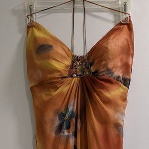 Cache Vintage Silk Empire Halter Dress w Spaghetti straps  Sz10
